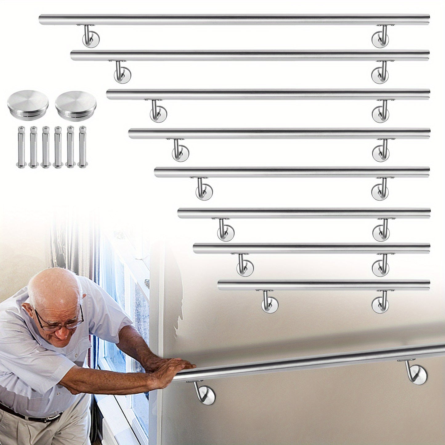 Handläufe aus Edelstahl, erhältlich in den Längen 60 cm, 80 cm, 100 cm, 120 cm, 150 cm, 160 cm, 180 cm und 200 cm, geeignet für Treppen, Balkone und Eingänge, entwickelt für den Innen- und Außenbereich, komplett mit Wandhalterungen und Endkappen