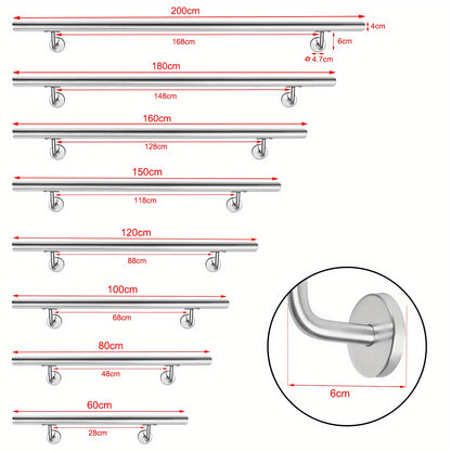 Handläufe aus Edelstahl, erhältlich in den Längen 60 cm, 80 cm, 100 cm, 120 cm, 150 cm, 160 cm, 180 cm und 200 cm, geeignet für Treppen, Balkone und Eingänge, entwickelt für den Innen- und Außenbereich, komplett mit Wandhalterungen und Endkappen