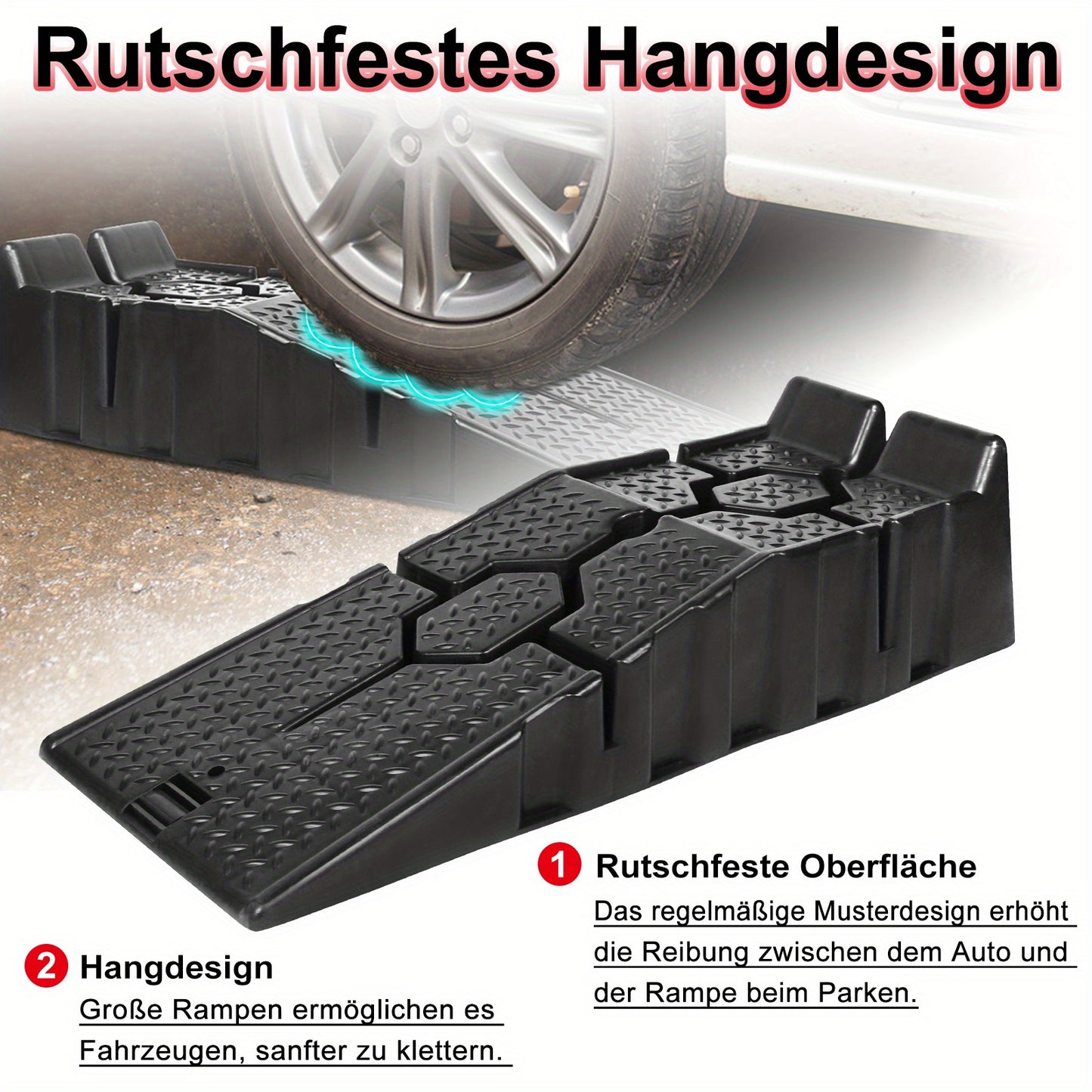 2er-Pack PP-Kunststoff-Rampen Zugangsrampen Autoaufzug mit -Rutsch-Oberfläche  Kippschutz Auto-Rampe 90 x 31 x 22,5 cm, Tragfähigkeit bis zu 2500 kg