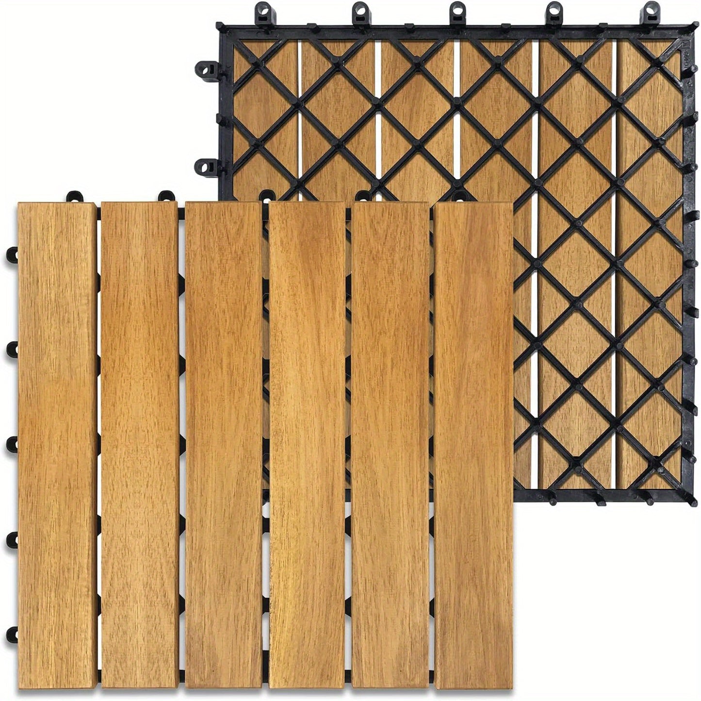 1m² Akazienholz Terrassenziegel 11er Set Holzfliesen 30 x 30cm Balkonziegel Klickfliesen mit Entwässerungsroste Gartenfliesen Garten Terrasse Balkon Teich Holzdeckfliesen Typ A/B