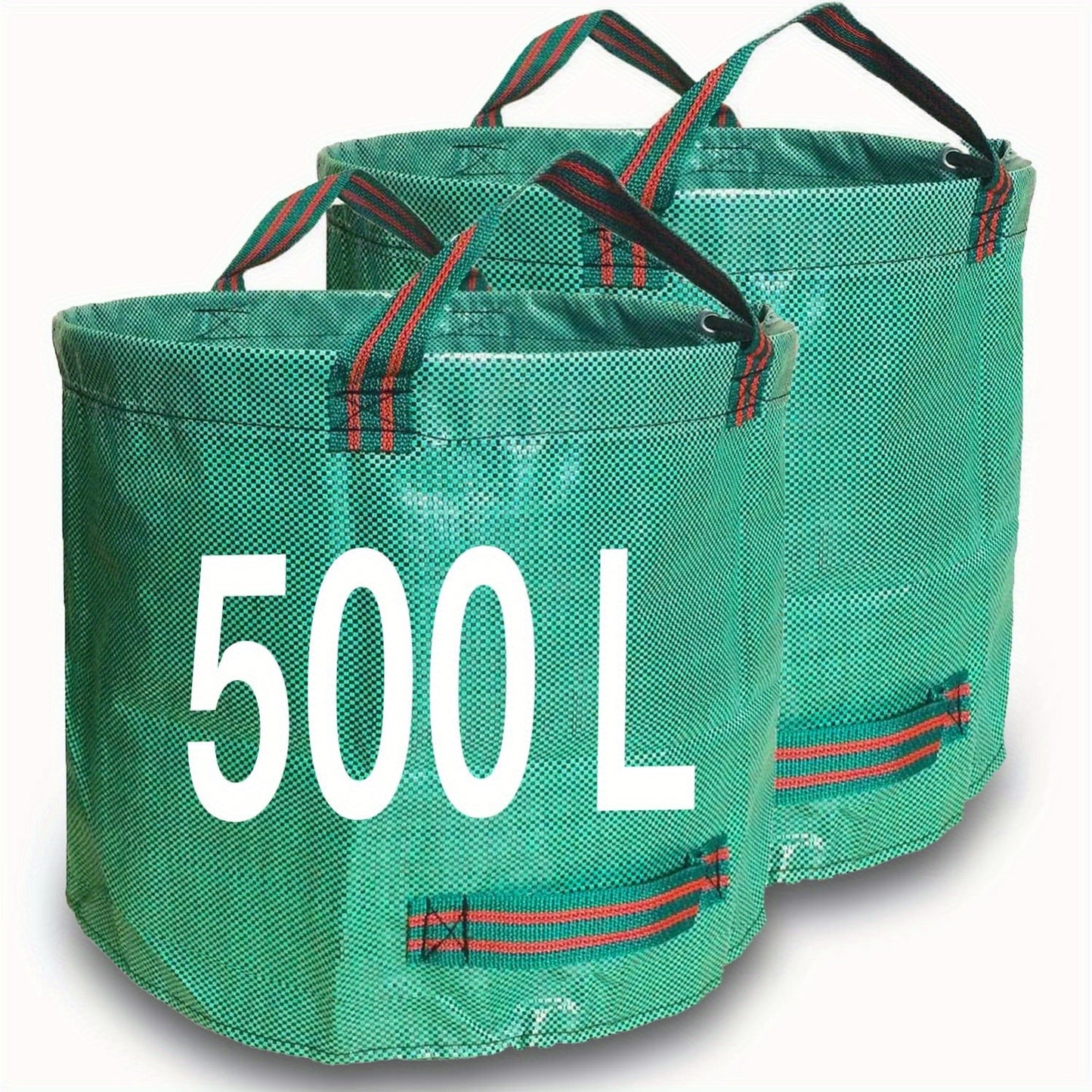 Set mit zwei robusten Gartensäcken, jeweils mit einer Kapazität von 500 Litern, zur Sammlung von Pflanzenschutt, Gras und Blättern. Diese wiederverwendbaren Säcke sind mit Griffen für einfachen Transport ausgestattet.