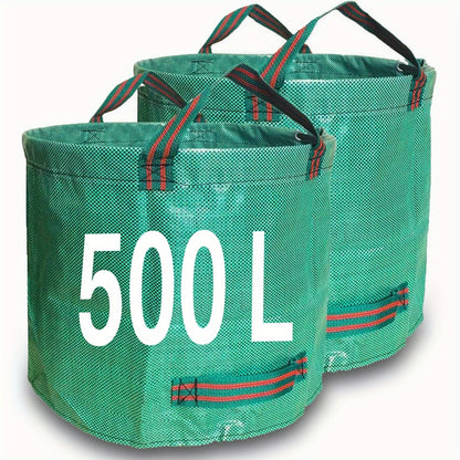 Set mit zwei robusten Gartensäcken, jeweils mit einer Kapazität von 500 Litern, zur Sammlung von Pflanzenschutt, Gras und Blättern. Diese wiederverwendbaren Säcke sind mit Griffen für einfachen Transport ausgestattet.