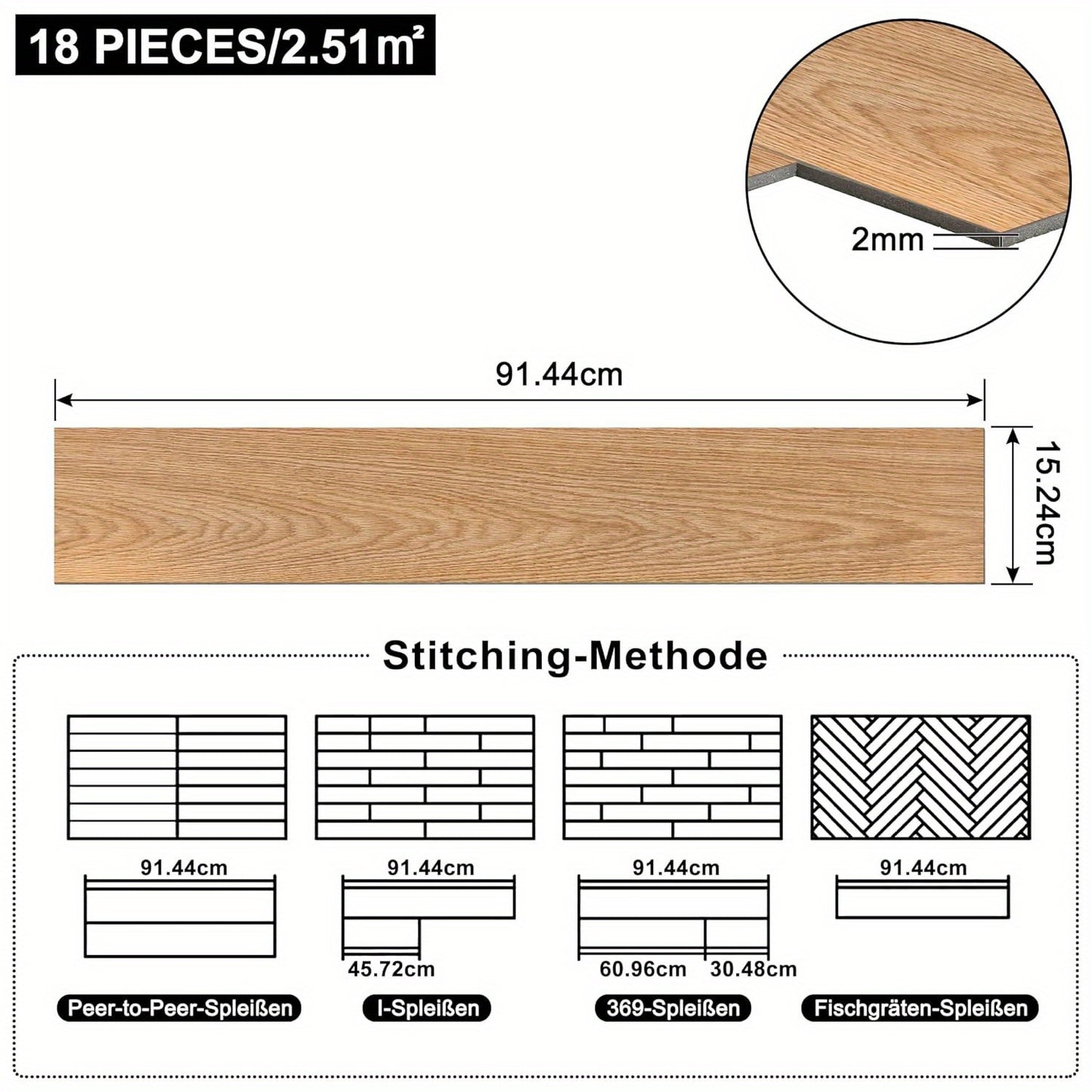 18 Stück/36 Stück NAIZY PVC-Boden selbstklebende Fliesen, Plastik Vinylboden wasserdicht & rutschfest, Abziehen und Anbringen für Küche, Wohnzimmer, Badezimmer, 91,44 x 15,24 cm
