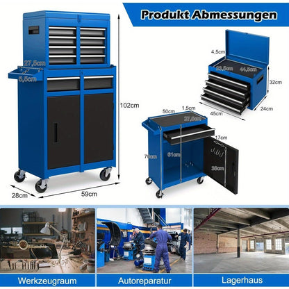 2-in-1 Werkstattwagen mit Koffer, 8 Fächer, Haken & verstellbarem Regal, Werkzeugwagen mit Rädern  Verriegelung bis 100 kg, Metall, 59x28x102 cm