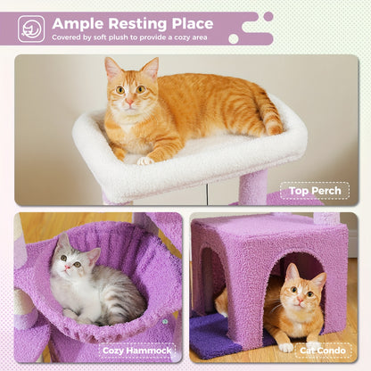 PAWZ Straßenkatzenbaum für Hauskatzen mit Riesen-Kondominium, 1 Sisalebrett, 3 Kratzpfosten, Katzenkratzturm mit Großer Hängematte & Sitzstange 90cm