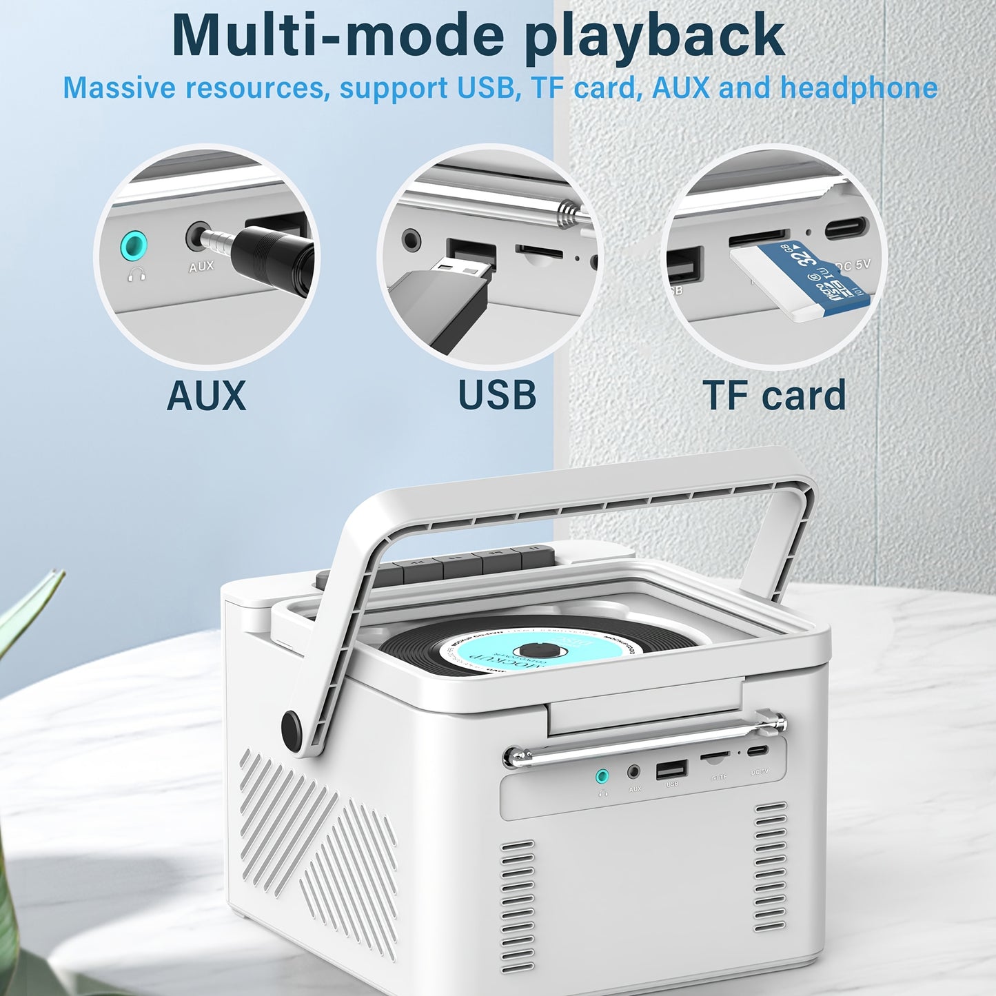 CD-Kassettenspieler-Boombox mit 5000-mAh-Akku, tragbarer CD-Player, 5-W-Dual-Stereo-Lautsprechern, FM-Radio, Fernbedienung, Aufnahmefunktion, 3,5-mm-Kopfhöreranschluss – unterstützt AUX, TF-Karte und USB für Zuhause