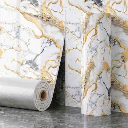 1 Rolle Extra Dicke 2,5 mm Marmor Boden- und Wandaufkleber - Abzieh- und Klett-Abnehmbare Selbstklebende Vinylfliesen, Wasserdichtes und Leicht zu Reinigendes Luxus Marmordesign (Schwarz/Weiß/Gold, Grau/Weiß, Beige/Grau) für Badezimmer, Küche, Wohnzimmer