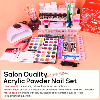 Acryl Nagelset für Anfänger mit Nude, Transparent- und Tiefrosa-Farben, inklusive Nagelwerkzeugen, Acryl Glitzerpulver, Acryl Flüssigkeit, LED Lampe und Nagelbohrer Set für Nagelverlängerung