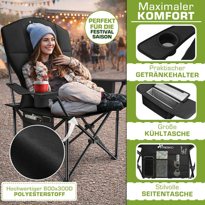 TRESKO® Campingstuhl Faltbar bis 200kg | Faltstuhl mit Kühltasche, Getränkehalter & Seitentasche | Klappstuhl XXL inkl. Tragetasche | Angelstuhl gepolstert für Outdoor, Angeln, Festival & Garten