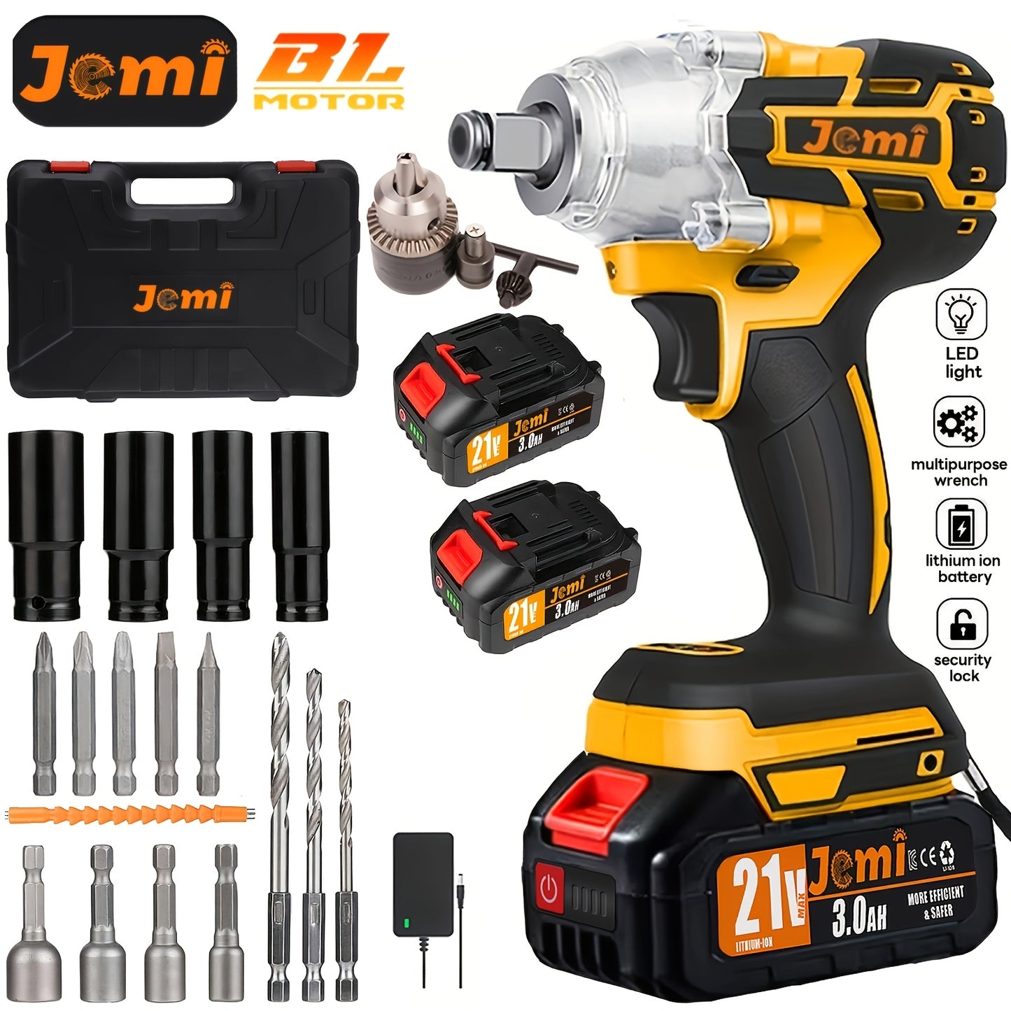 Jemi Tool 21V Akku-Schlagschrauber-Set, 4500 U/min, hohes Drehmoment, 1/2-Zoll-Antrieb, mit Steckschlüssel oder 13-mm-Bohrschraubenadapter, 3,0-Ah-Akku, Schnellladegerät, erhältlich in Kunststoffkoffer-Verpackung, ideal für die Autoreparatur und LKW-Repar