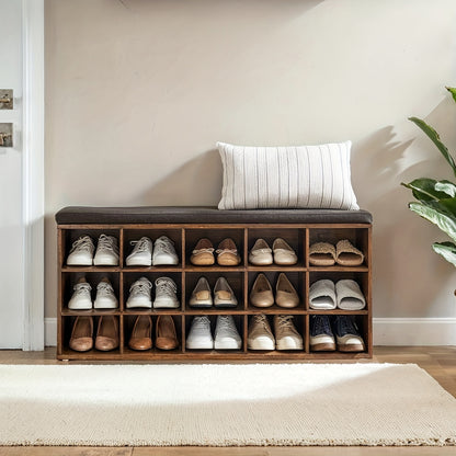Schuhaufbewahrung, Schuhbank mit Sitzgelegenheit, gepolsterter Schuhschrank mit 15 offenen Fächern, Abmessungen 30 x 105 x 48 cm, geeignet für Flur, Schlafzimmer, Wohnzimmer oder Eingangsbereich