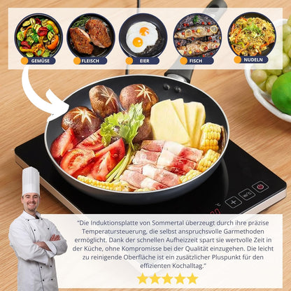 Induktionsherd 1 Platte 2000 W Tragbarer Super Schlanker Design bis zu 240 °C mit 4h Timer, Touch-Steuerung, Kindersicherheit, Professioneller Induktionsherd