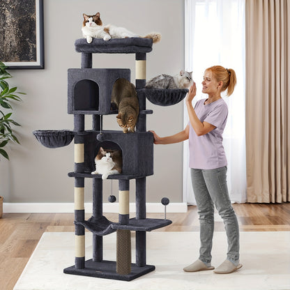 Multi-Level Katzenbaum mit 2 Höhlen, 5 Kratzpfosten, Selbstbürstung & Plüsch-Aufsitzplätzen – Robuste Katzennest für Indoor-Klettern, Kratzen und Spielen