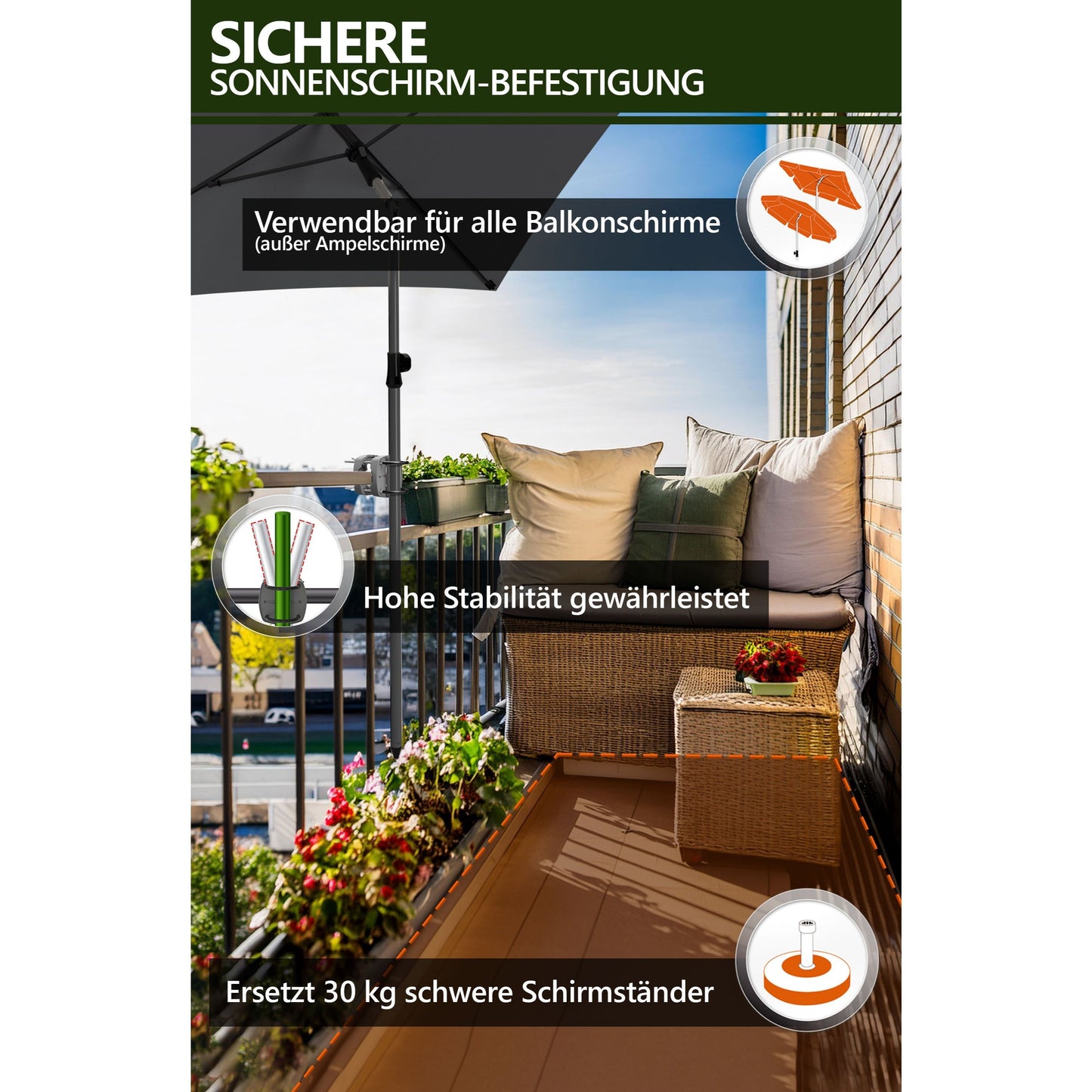 Lindenstein Sonnenschirmhalter Balkongeländer – Funktionale Sonnenschirm Halterung Balkon, Schirmhalterung Balkongeländer ersetzt Sonnenschirmständer Balkon – Flexibel montierbar (Anthrazit/Schwarz/Taupe/Sandbraun)