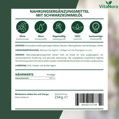 Schwarzkümmelöl Premium Kapseln – 1000 mg Hochdosiert, 180 vegane Softgels (6 Monate Vorrat), 100% Natürlich, Ohne Zusätze & Laborgeprüft mit Versand aus Deutschland