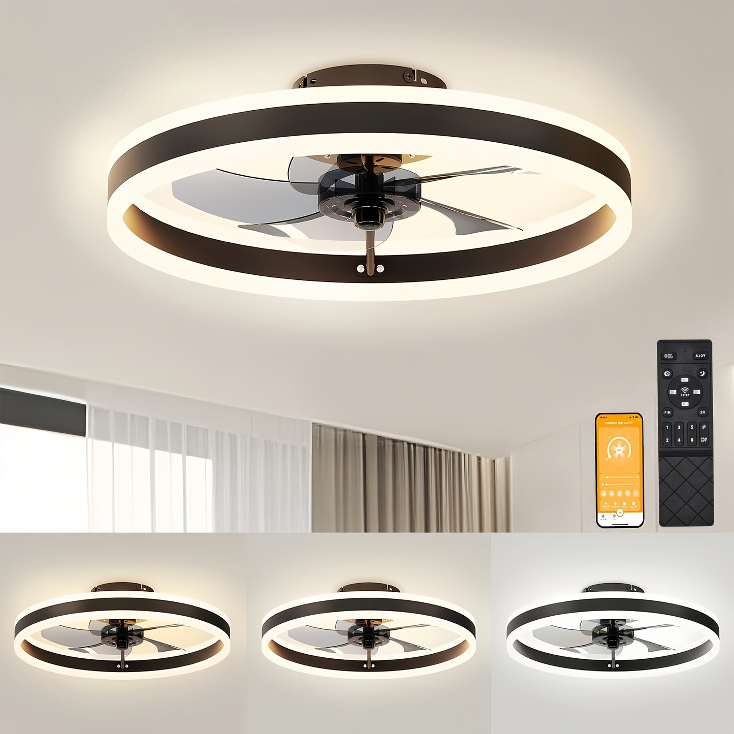 Moderner Deckenventilator mit Licht & Fernbedienung – Leise, App-gesteuerte Geschwindigkeit & Beleuchtung, Kompatibel für Schlafzimmer/Wohnzimmer, Flachbau-Ventilator geeignet für Schlafzimmer  Wohnzimmer
