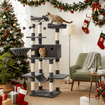 Katzenklettergerüst XXL 164cm hoch einem Kippschutz，Kratzbaum, Katzenbaum, Katzenkratzbaum, mit Plüschbällen, Kratzsäulen, Plattformen, Hängematte, Höhle,Stabiles Und Langlebiges ,Einfache Montage,für Wohnungskatzen die gerne klettern und hoch hinaus woll