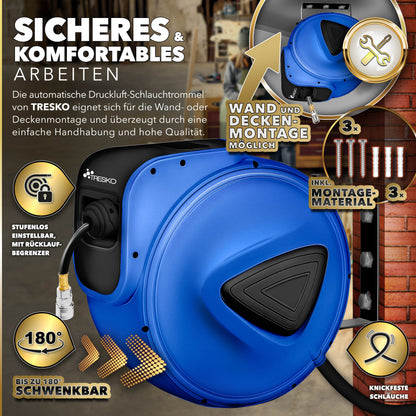 TRESKO® Druckluft Schlauchtrommel automatisch | Druckluftschlauch Aufroller 1/4" Anschluss | Wandschlauchhalter Automatik Schlauchaufroller