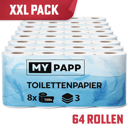 64 Rollen Toilettenpapier - Mypapp , 3-lagig, 150 Blatt je Rolle (9600 Blatt Insgesamt) , Zellstoff weiß, Hochwertige Zellulose, Geeignet für Camping (Große Verpackung, praktisch zu tragen), Küche und Badezimmer, schnell abbaubar.
