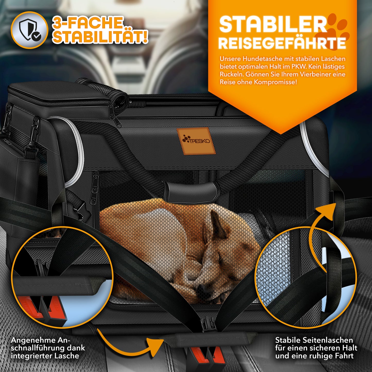 TRESKO® Hundebox faltbar inkl. Leckmatte, Spatel & Reflektoren | Transportbox für Hunde und Katzen | Hundetransportbox Auto für kleine, mittelgroße & große Hunde | Hundetasche für Zuhause Auto robust Anthrazit