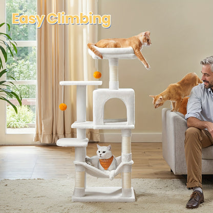 Feandrea Mehrstöckiger Katzenbaum mit 4 Kratzpfosten, Plüsch-Hängematte, Gemütlicher Hohlraum & Spielzeug – Langlebige Spanplatten-Katzenmöbel zum Klettern, Ausruhen und Spielen