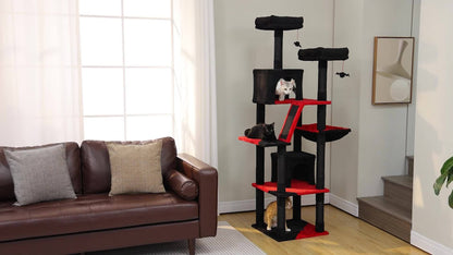 PAWZ Road 180 cm Katzenbaum für den Innenbereich, mehrstöckiger Katzensteg mit Kratzbaum, mit 2 Plattformen, 2 Verstecken, einer Hängematte und 2 Pompons
