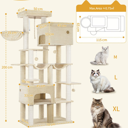 Kratzbaum für Katzen 200cm XXL, inklusive 10 Kratzpfosten, 2 Katzenbetten, 2 Hängematten, große Plattform, Katzenbürste, Korb, robustes Kratzbaum-Set, geeignet für Maine Coons  große Katzen, hellgrau, dunkelgrau, beige