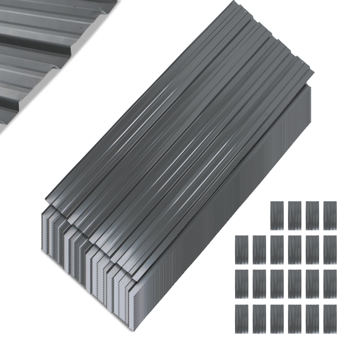 Verzinkte hochbelastbare Stahlwellbleche – 22 schwarze Trapezdachplatten (108x42,6cm, 0,25mm, 10,12m²), komplett mit Schrauben und Nägeln. Einfache Installation, vorübergehend abnehmbar für Außenkonstruktionen/Schuppen/Zäune/Wandverkleidungen.