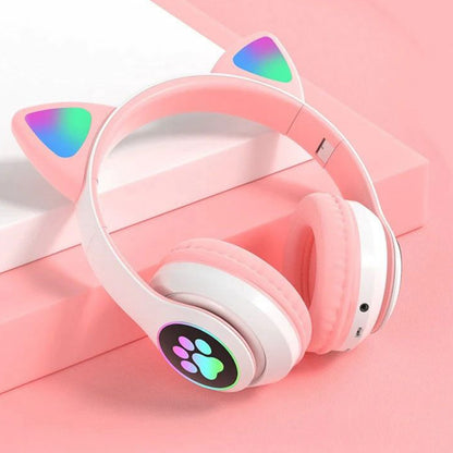 Kabellose Kopfhörer Retoo Techpro, Kinderkopfhörer, Katzenohren, RGB, Musik, Eingebauter Micro SD-Kartenleser, Eingebauter Akku, Kopfhörer, Hochwertiges Klangbild, Bis zu 6 Stunden Betriebszeit, Bis zu 18 Stunden Standby-Zeit, 2H Ladezeit, Jack-Eingang, Ü
