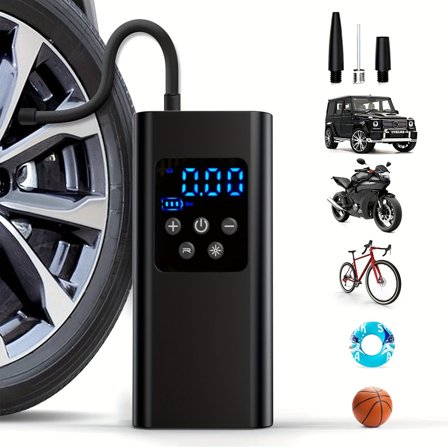 Tragbarer Luftkompressor mit 3 wiederaufladbaren Batterien, LCD-Display, LED-Licht und SOS-Modus - Ideal für Autos, Motorräder und Fahrräder