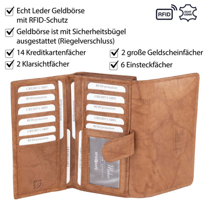 Damen Geldbörse Portemonnaie RFID Damenbörse Langformat Echtleder Geldbeutel 14 Kartenfächer Tan Maße : ca. 17 cm x 9,5 cm x 4 cm (B x H x T)