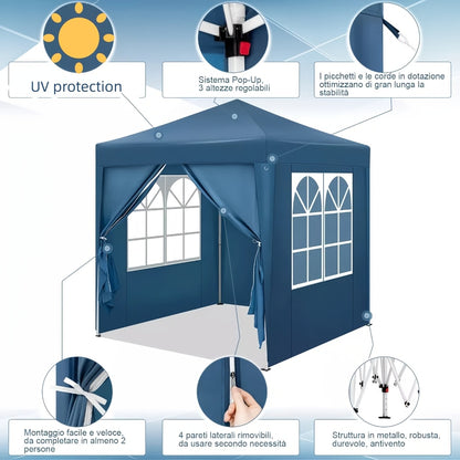 1 Stk. Pavillon, Klapppavillon, 2 x 2 Meter mit 4 Seitenwänden, Partyzelt, Strandmarkise, Outdoor Garten Pergola, UV-Schutz 50+, Höhenverstellbar, mit Tragetasche, Einfach zu verstauen und zu transportieren, Robuste Struktur, Geeignet für verschiedene Anl