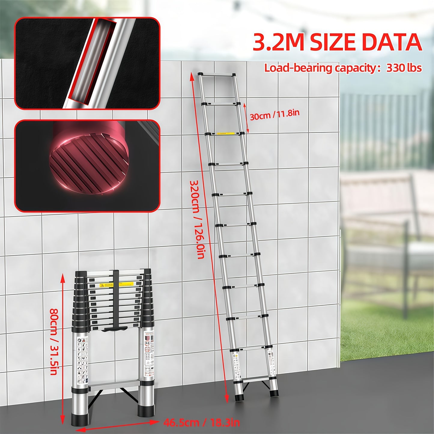 150kg Edelstahl Leiter, 4.4m 3.8m 3.2m 2.6m Teleskop Faltleiter, Tragbare Sicherheitsleiter, Geeignet für Renovierungsleiter für Zuhause, Stufenleiter Faltbar, Tragbare Leiter, Gartenbeschneidungs Zugang, Verstellbare Stufenleiter