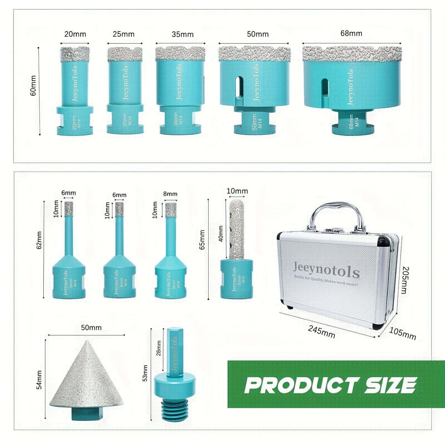 8/9/11-teiliges Hochwertiges Kernbohrer-Set, inklusive Bohrer/Fräser/Fasenfräser/Adapter für Fliesen, Marmor, Porzellan mit M14-Gewinde, Fliesenbohrer, Fliesenwerkzeuge, Fliesensäge, Lochbohrer