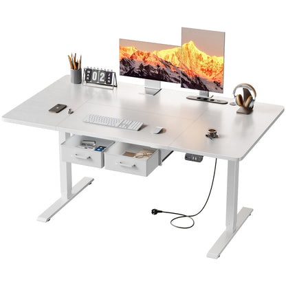 Furnishia Elektrischer Standeskreuzer mit Memory Smart Panel und 2 Schubladen, Höhenverstellbarer Schreibtisch mit Steckdosen, für Heim-Computerarbeitsplatz, Schreibstation und Schlafzimmer