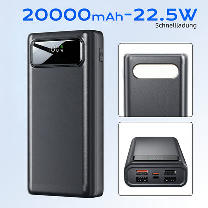 20.000 mAh Powerbank, 22,5W, PD USB-C Schnellladung, Externe Batterie mit 5 Ausgängen und 2 Eingängen, Kompatibel mit Smartphones, Tablets, etc. Schwarz