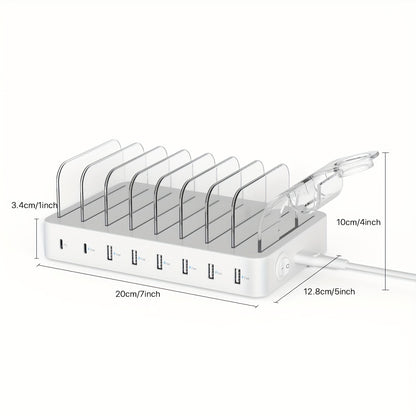 60W 8-Port Schnellladestation für mehrere Geräte, USB-Ladestation mit 9 Fächern, abnehmbare Trennwände, Uhrenhalter, kompatibel mit Telefon/IPad/Kindle/Tablet, Geschenke. Weihnachtsgeschenke. (8 Kabel enthalten)