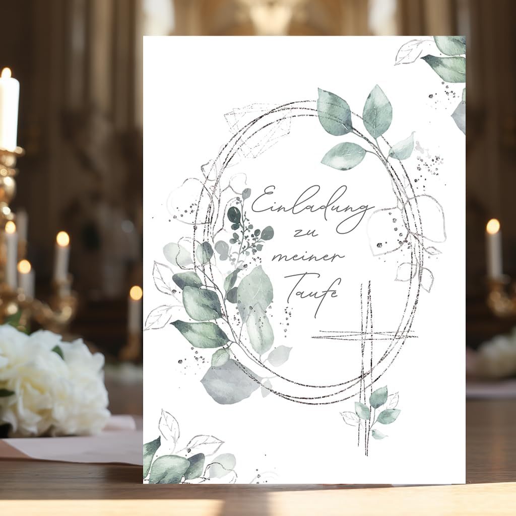 10 Einladungskarten mit Umschlag Einladung 2 seitig Karten stilvoll kreuz Aquarell zart zur Taufe Blätter grün Silber zum selbst ausfüllen gestalten