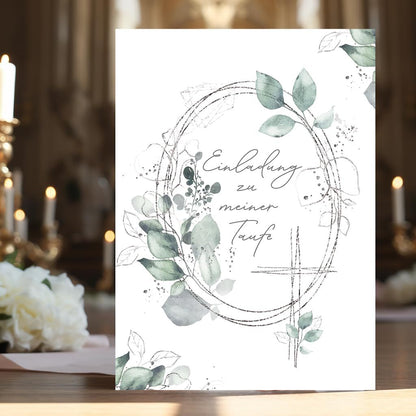 10 Einladungskarten mit Umschlag Einladung 2 seitig Karten stilvoll kreuz Aquarell zart zur Taufe Blätter grün Silber zum selbst ausfüllen gestalten