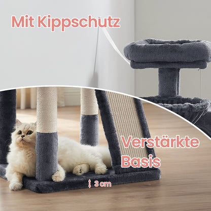 Katzenklettergerüst klein 96 cm hoch einem Kippschutz，Kratzbaum, Katzenbaum mit großer Plattform, Kratzsäulen, Höhlen, Plüschbälle, Einfache Montage,geeignet für Hauskatzen, Kätzchen