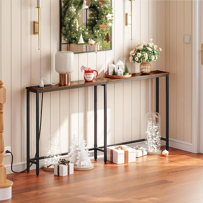 Eingangsbereich-Konsolentisch, schmaler Konsolentisch mit Ladestation  USB-Anschlüssen, Sofatisch, Beistelltisch für Eingangsbereich, Flur, Foyer, Retro  Schwarz