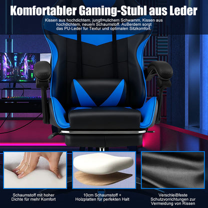 Ergonomischer Gaming-Stuhl mit Lendenwirbelstütze, Kopfstütz & Fußauflage – Verstellbarer Bürostuhl für Erwachsene Kinder, Mehrere Farben, Komfortabler Memory-Schaum-Sitz, Stabiles Nylon-Gestell, Ideal für lange Spiele & Arbeitsessions