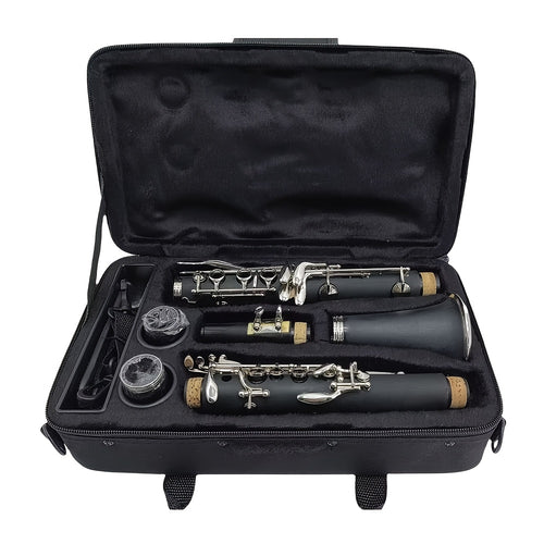 Siemonic B-Flöte 17-Tasten, vernickeltes Klarinettenset mit Koffer, Anfänger-Klarinettenset mit Reinigungsset und Zubehör, Blasinstrument für Übung, Aufführung und musikalische Nutzung