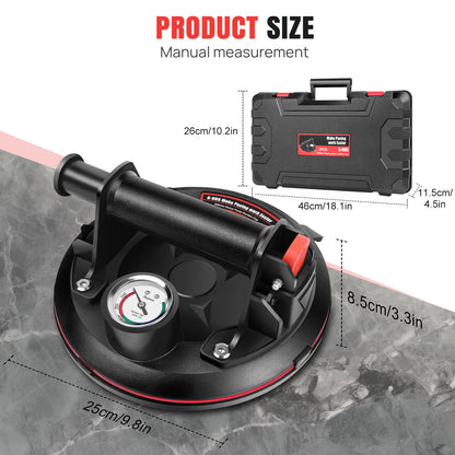 Paar 2x PACK Vakuum-Saugnapf mit Manometer, robuste Vakuum-Saugnapf mit Griff, Glas-Saugnapf für Granitfliesen, Glasheber, schwarzer, leistungsstarker Industrie-Vakuum-Fliesenaufheber für Granitfliesen, Fensterglas-Saugnapf