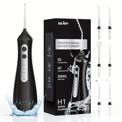 Kabellose Wasser-Zahnseide für Zahnreinigung, 5 Einstellbare Modi, 350ml Tragbar & Wiederaufladbarer Reiniger für Zuhause & Reisen, 1200mAh, 7-stufige Wasserdichtung