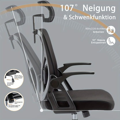 Symino Ergonomischer Bürostuhl mit verstellbarer Kopfstütze, Armlehnen, Lendenwirbelstütze  Dreh-Schaukel-Funktion – Atmungsaktives Mesh-Design, bis zu 150 kg belastbar, Schwarz