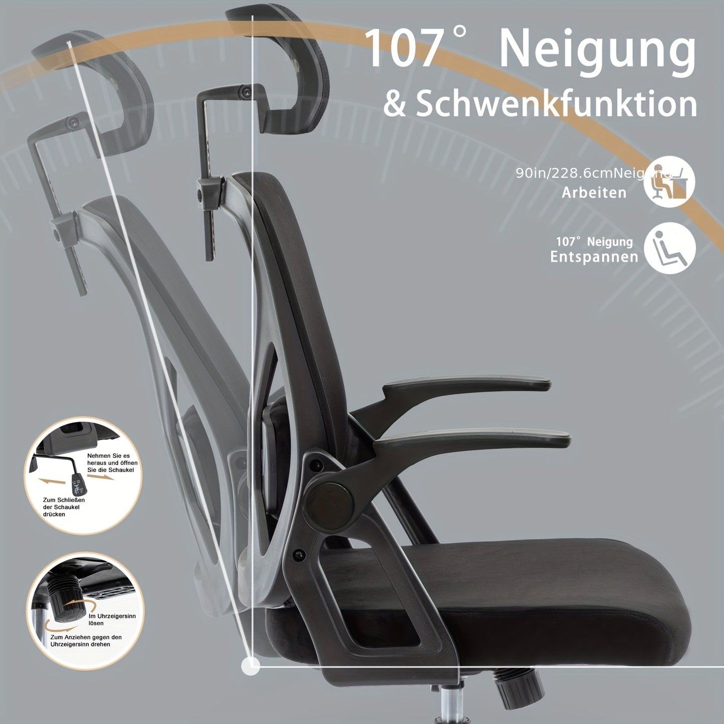 Symino Ergonomischer Bürostuhl mit verstellbarer Kopfstütze, Armlehnen, Lordosenstütze  drehbarer Schaukel-Funktion – atmungsaktives Mesh-Design, bis zu 150 kg belastbar