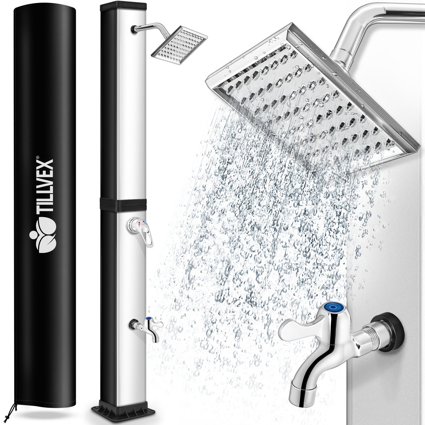 tillvex® Solardusche 20 - 60 Liter inkl. Abdeckung Solar Gartendusche Solar für draußen Pooldusche Komplettset warmes Wasser Camping ohne Stromanschluss mit Wasserhahn Gartenschlauch-Anschluss