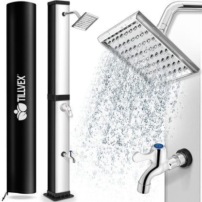 tillvex® Solardusche 20 - 60 Liter inkl. Abdeckung Solar Gartendusche Solar für draußen Pooldusche Komplettset warmes Wasser Camping ohne Stromanschluss mit Wasserhahn Gartenschlauch-Anschluss