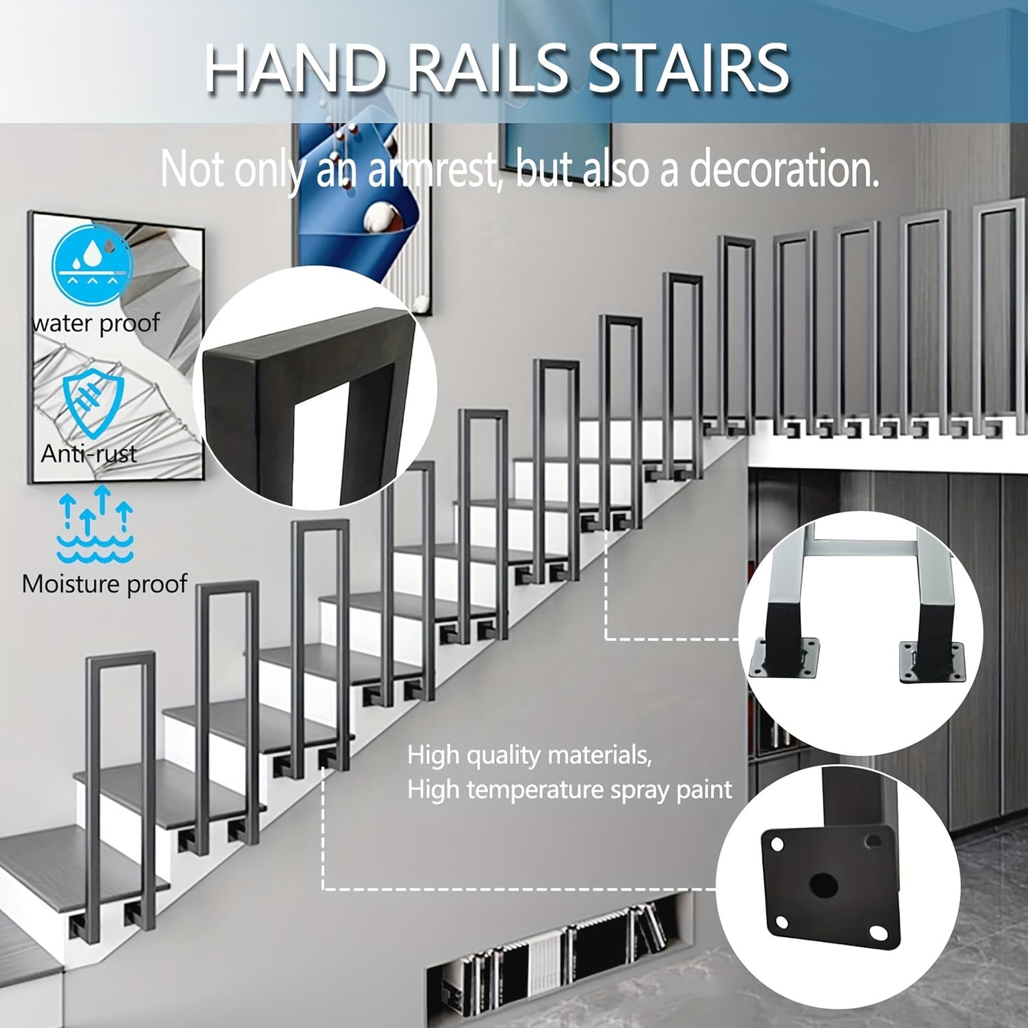 Black U-Shaped Stair Handrail - Indoor/Outdoor Railing for Stairs, Entrance & Balcony, Easy Side Mount Installation